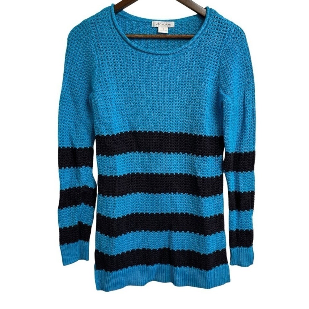 Liz Claiborne Sweater Womens Small Blue Black Striped Long Sleeve Cotton Knit